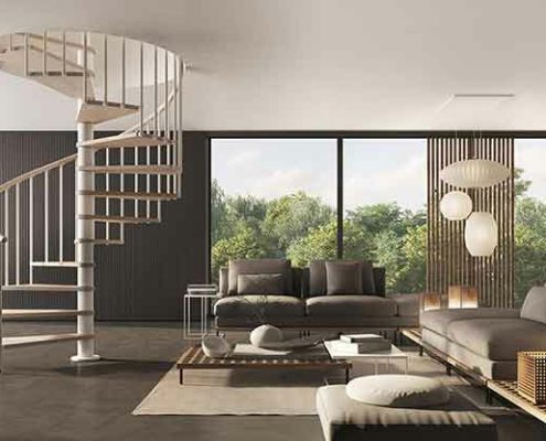 living room render with two sofas and a phola spiral stair to one side