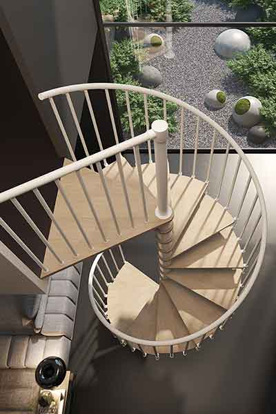 looking down on top triangular platform of the phola spiral stair in light wood