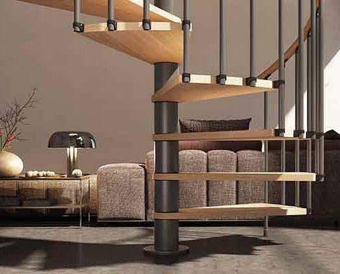 close up of phola spiral stair step with sofa behind