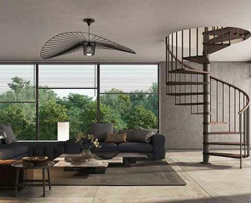 render of the Phola spiral in a living room with a large sofa and huge window behind