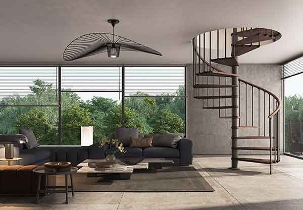 render of the Phola spiral in a living room with a large sofa and huge window behind