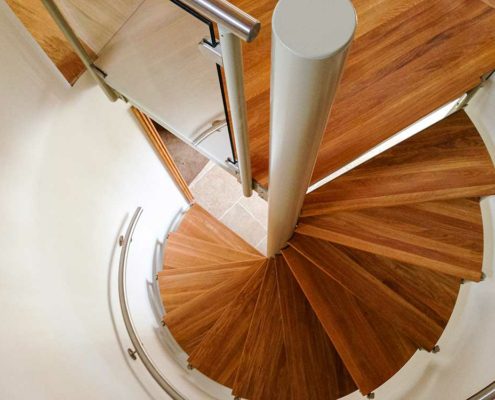 view from above of a an oak spiral staircase