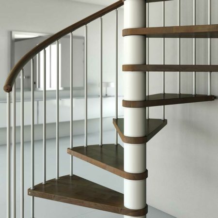 close up of a c20 spiral staircase with mirror in background.