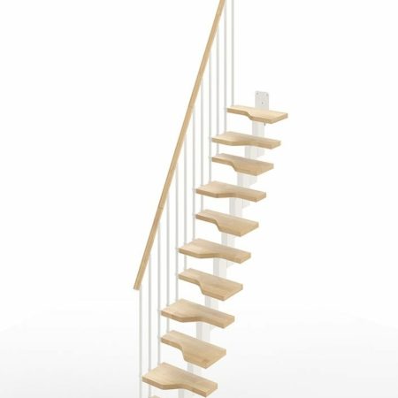 Mini straight flight render with light timber treads and white steel - a white background