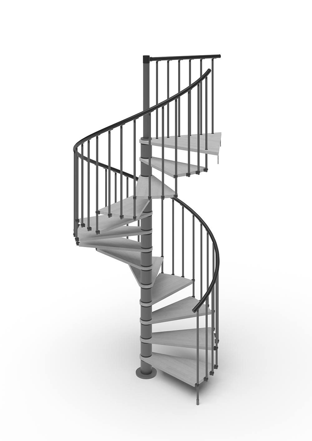 spiral stair render with dark grey steel and grey timber treads with white background