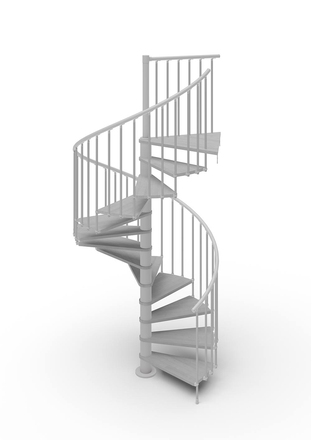 spiral stair render with light grey steel and grey timber treads with white background