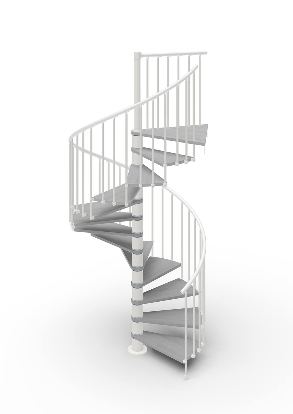 spiral stair render with white steel and grey timber treads with white background