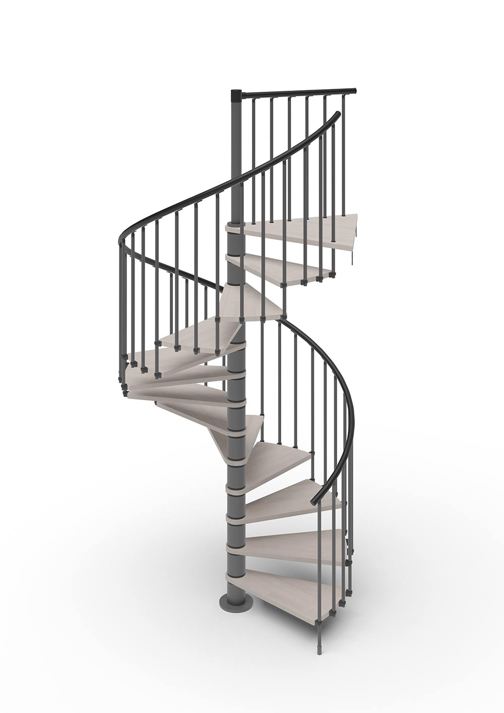 spiral stair render with dark grey steel and grey timber treads with white background
