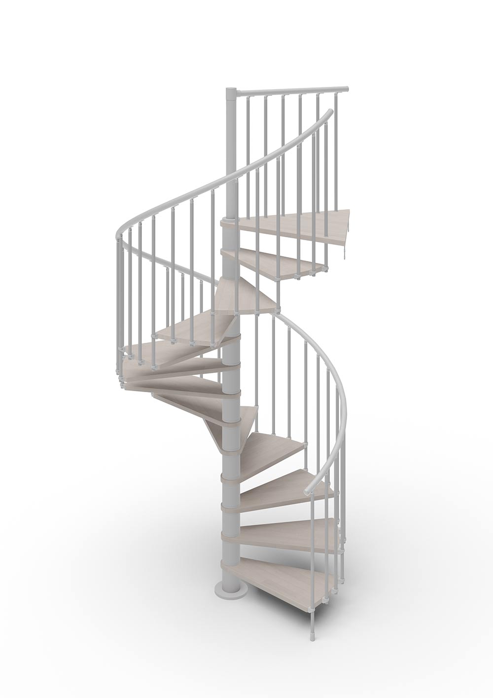 spiral stair render with light grey steel and grey timber treads with white background