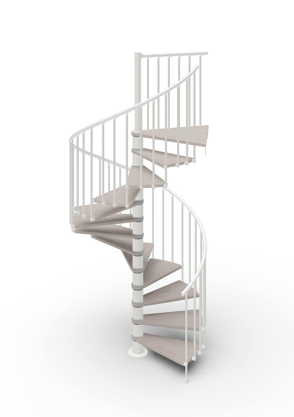 spiral stair render with white steel and grey timber treads with white background