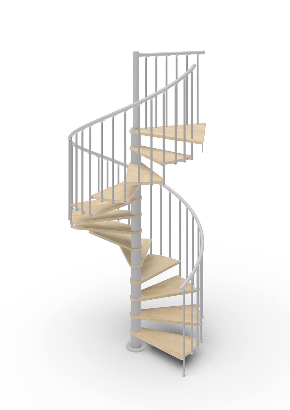 spiral stair render with light grey steel and beechwood treads with white background