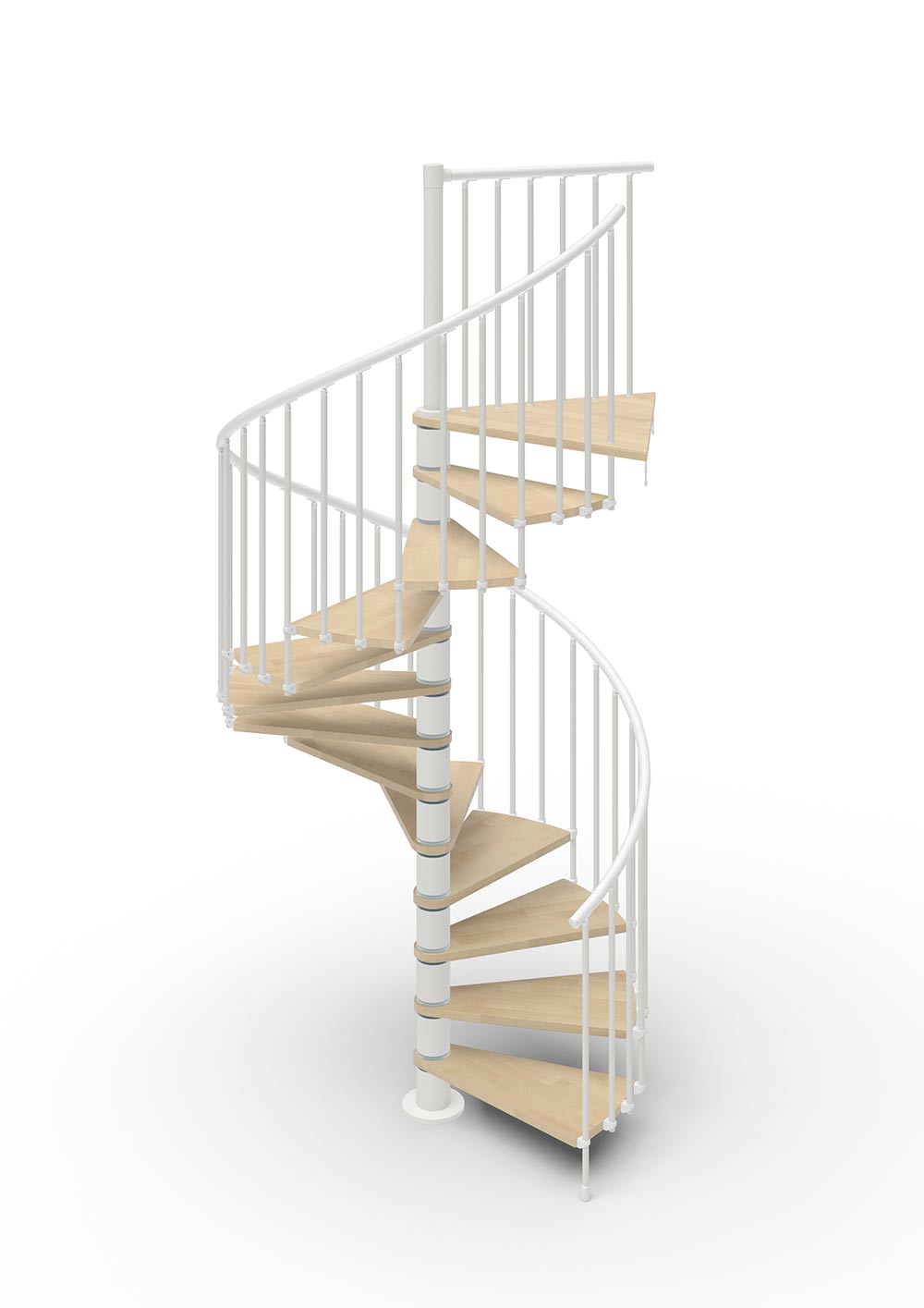 spiral stair render with white steel and beech treads with white background