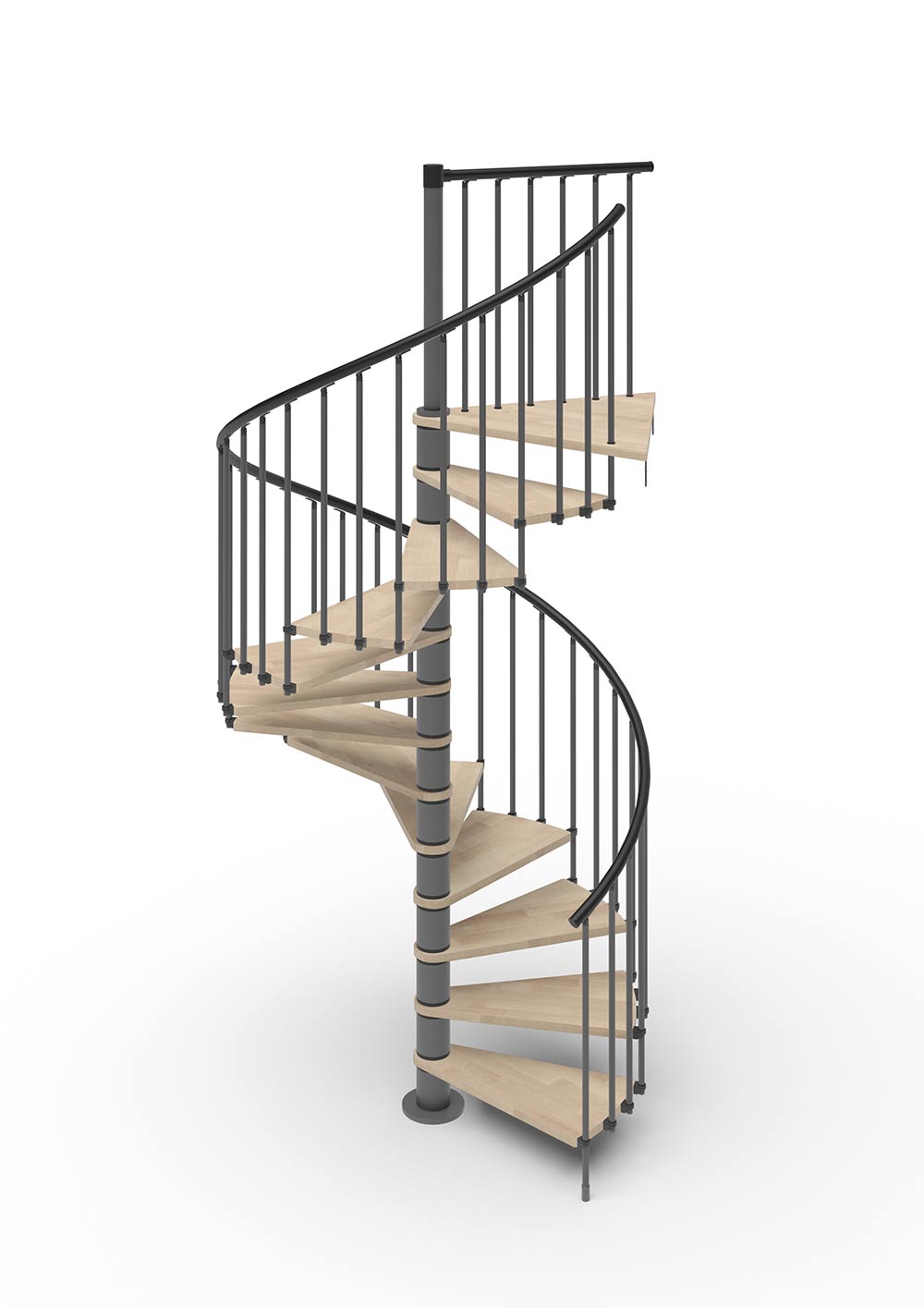 spiral stair render with dark grey steel and beech timber treads with white background