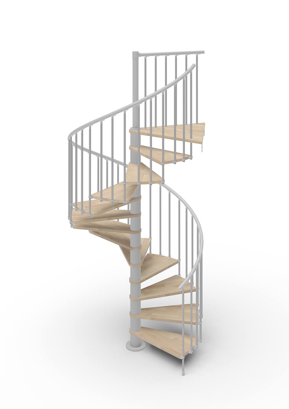 spiral stair render with light grey steel and light timber treads with white background
