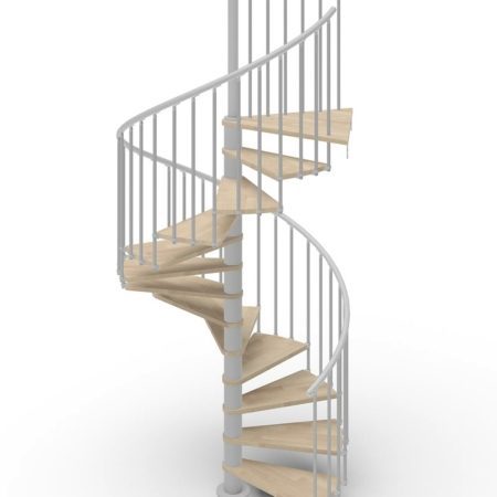 spiral stair render with light grey steel and mid timber treads with white background