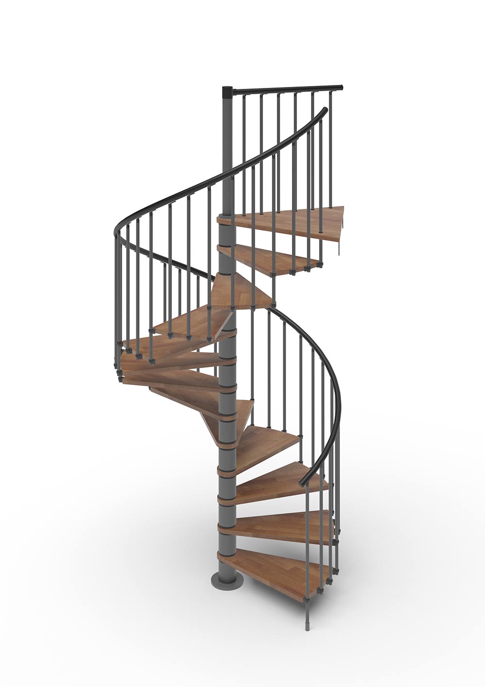 spiral stair render with dark grey steel and oak timber treads with white background