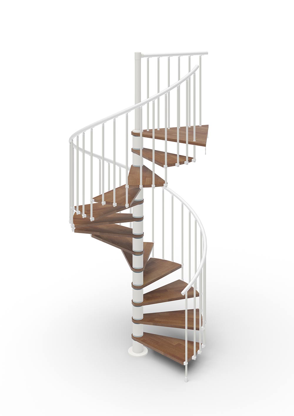 spiral stair render with white steel and medium oak timber treads with white background