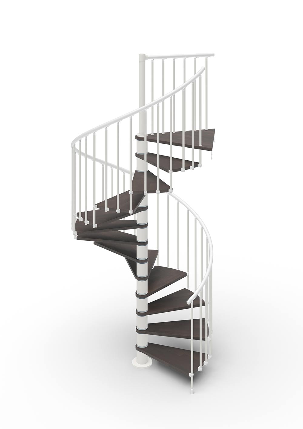 spiral stair render with white steel and dark timber treads with white background