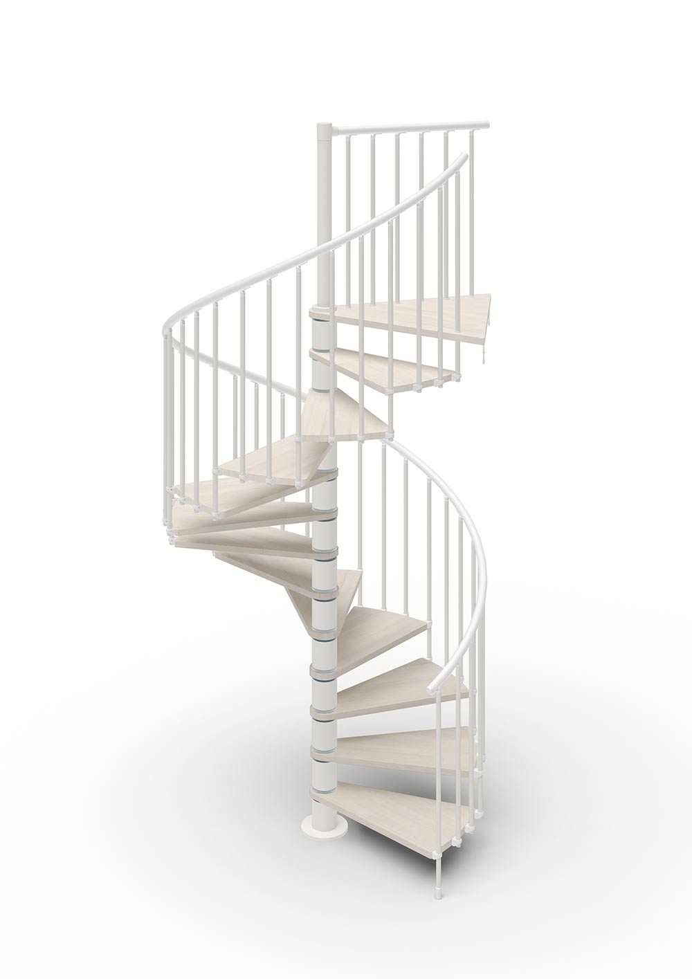 Spiral stair render - the Phola with white steel and light wooden steps . White background