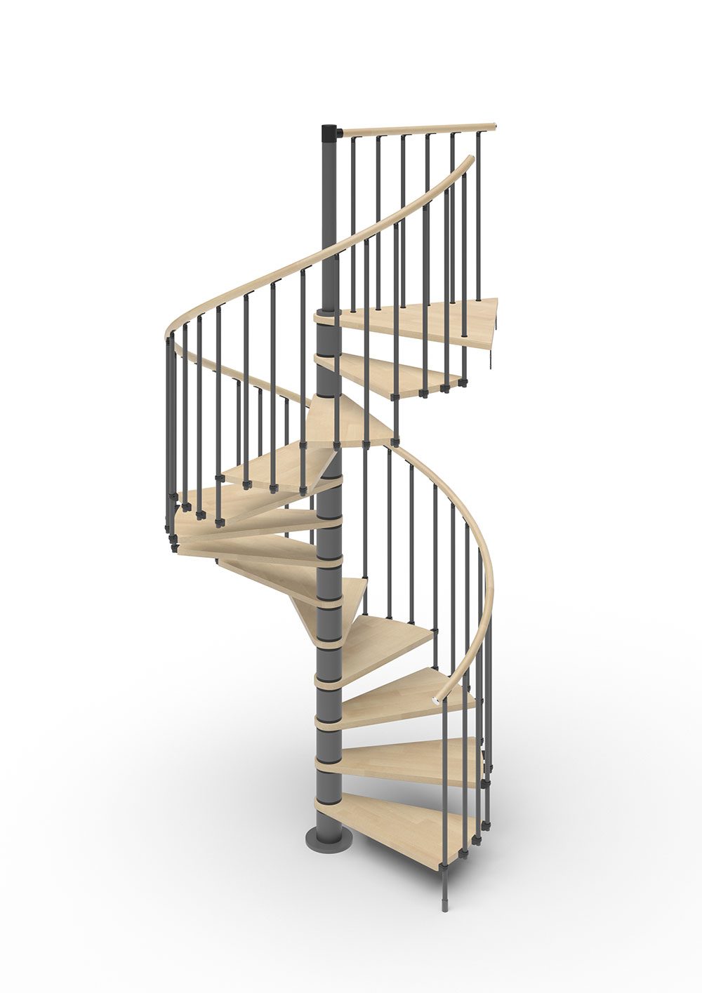 spiral stair render with dark grey steel and light timber treads and handrail with white background