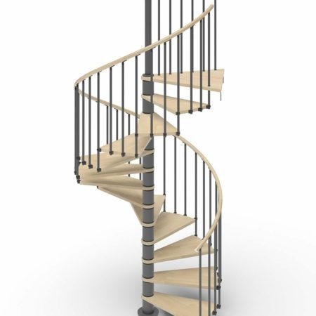 spiral stair render with dark grey steel and light timber treads and handrail with white background