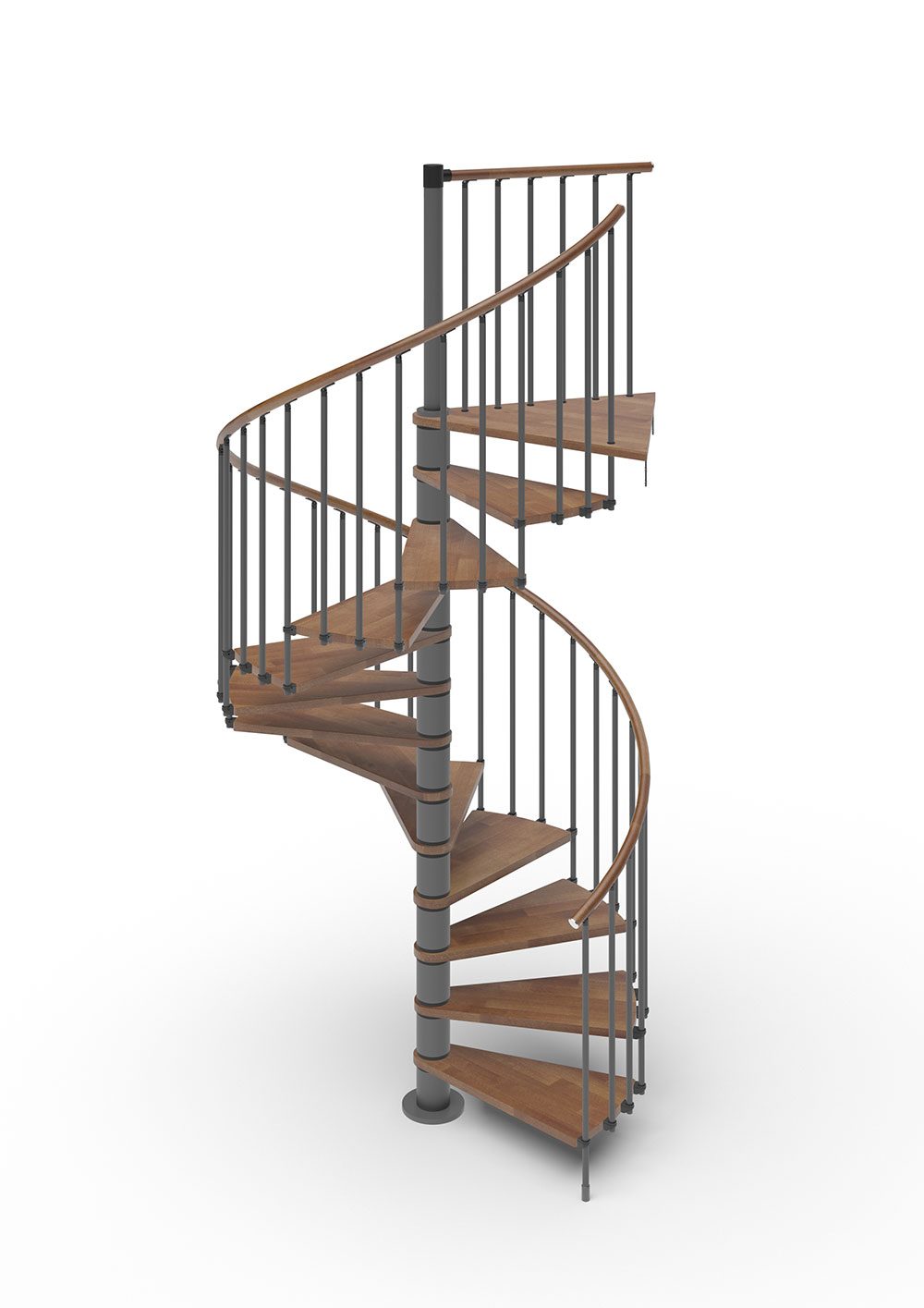 spiral stair render with dark grey steel and oak timber treads and handrail with white background
