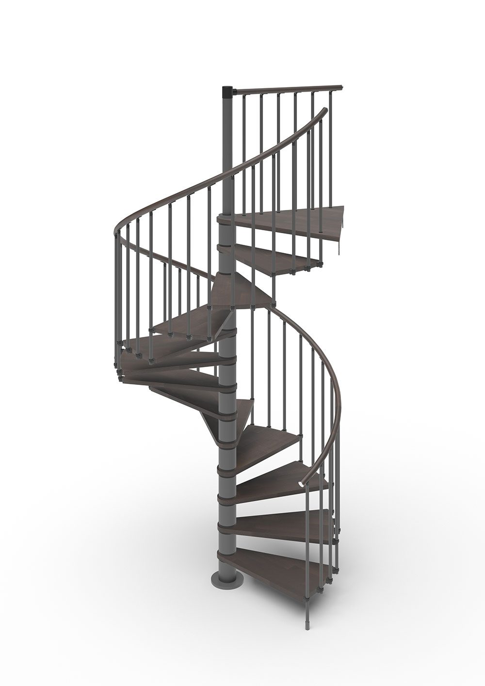 spiral stair render with dark grey steel and dark timber treads and handrail with white background