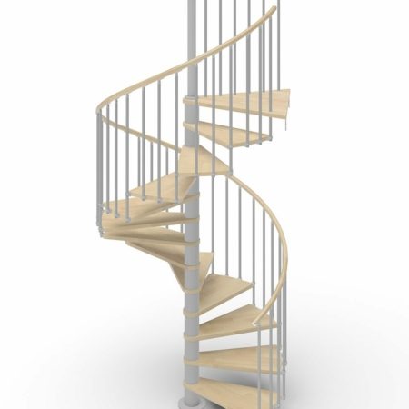 spiral stair render with light grey steel and light timber treads and handrail with white background