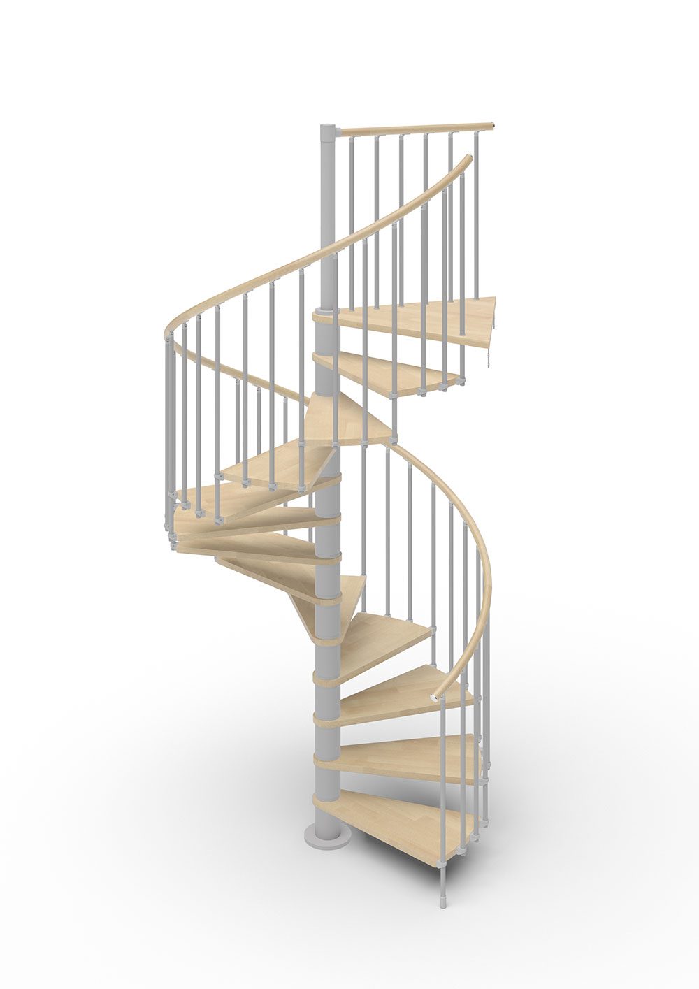 spiral stair render with light grey steel and light timber treads and handrail with white background