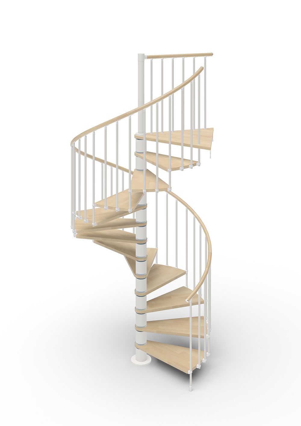 spiral stair render with white steel and light timber treads and handrail with white background