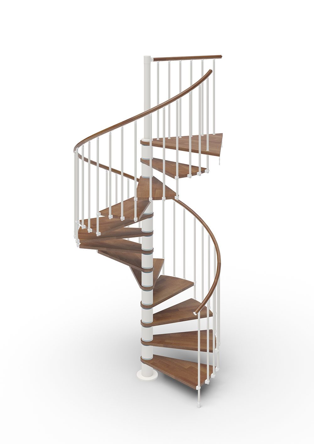 spiral stair render with white steel and oak treads and handrail with white background
